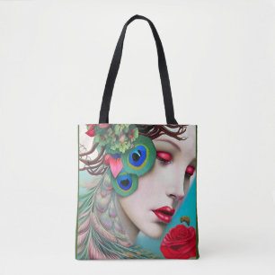 Red Lips and Roses Peacock Abstract   Tote Bag