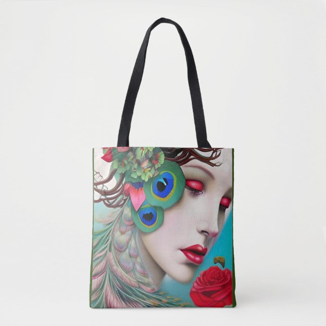 Red Lips and Roses Peacock Abstract   Tote Bag (Front)