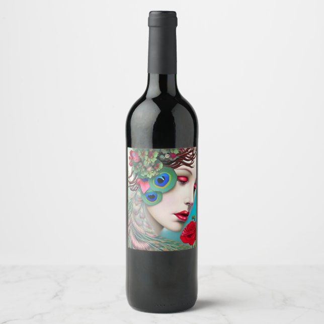 Red Lips and Roses Peacock Abstract   Wine Label (Front)