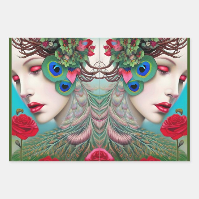 Red Lips and Roses Peacock Abstract   Wrapping Paper Sheet (Front 3)