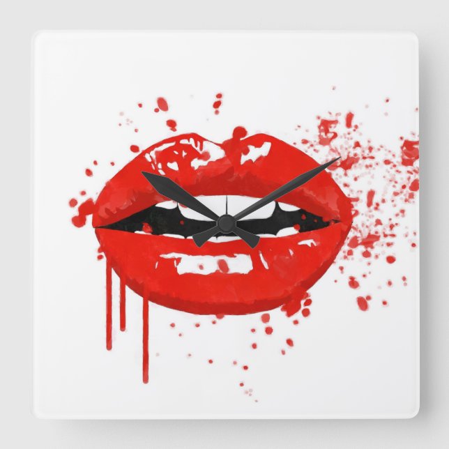 Red lips beauty makeup kiss fashion square wall clock