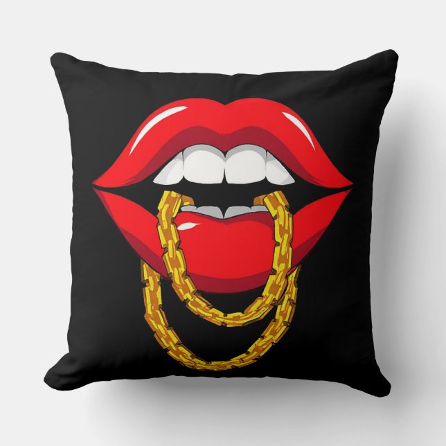 Red Lips Biting a Stylish Golden Chain Cushion (Front)