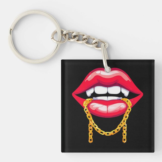 Red Lips Biting a Stylish Golden Chain Key Ring (Front)