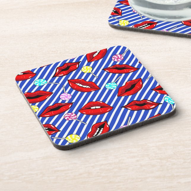 Red Lips Blue Stripes  Coaster (Left Side)