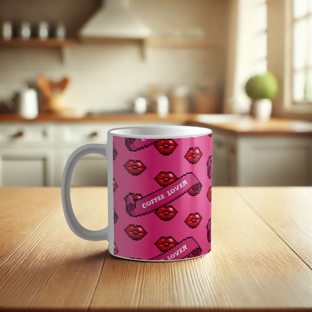 Red Lips Coffee Lover Retro Kisses Pattern Mug (Creator Uploaded)