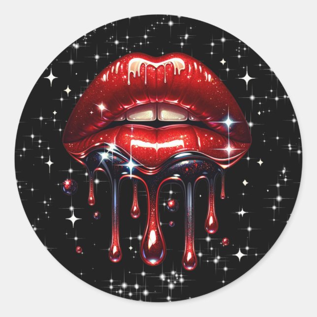 Red Lips Dripping Glitter Glam Faux Sparkle Classic Round Sticker (Front)
