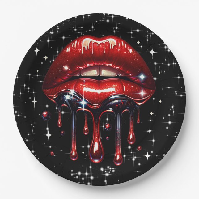 Red Lips Dripping Glitter Glam Sparkle Birthday  Paper Plate (Front)
