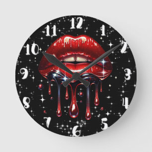 Red Lips Dripping Glitter Glam Sparkle Birthday Round Clock