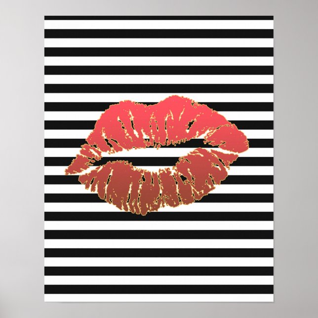 Red Lips Faux Gold Lined On Black & White Stripes Poster (Front)