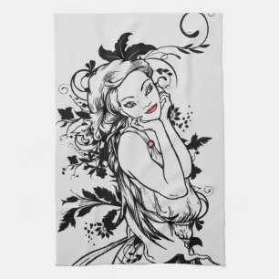 Red Lips Floral Girl Tea Towel