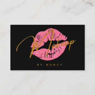 Red Lips & Gold Handwritten Script Makeup Artist Business Card