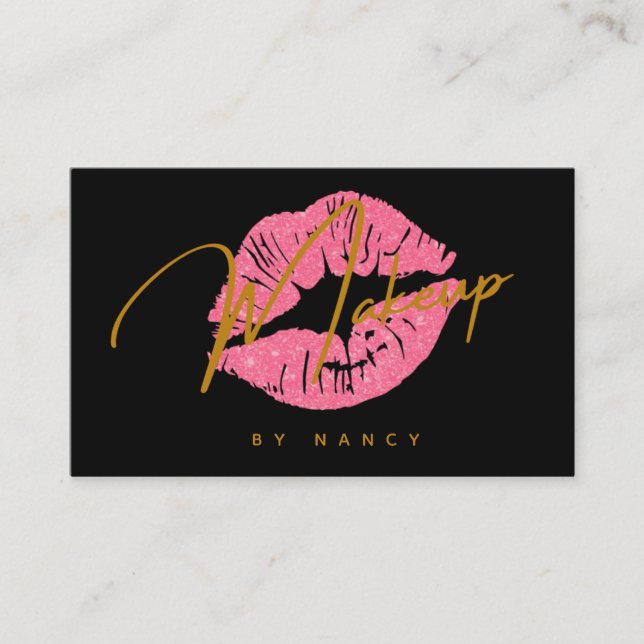 Red Lips & Gold Handwritten Script Makeup Artist Business Card (Front)