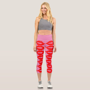RED LIPS KISS CAPRI PINK YOGA LEGGINGS