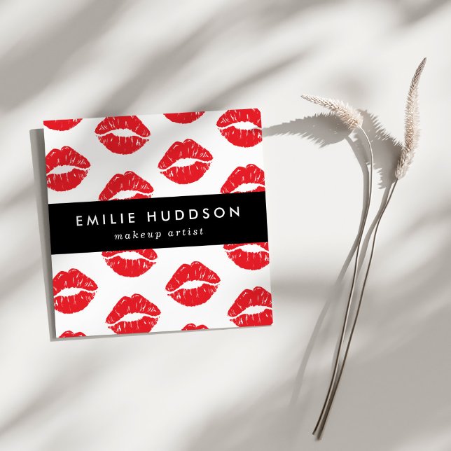Red Lips, Kiss, Pattern Of Lips, Makeup Artist Square Business Card (Creator Uploaded)
