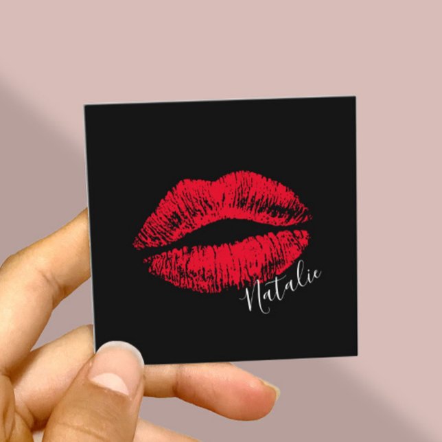 Red Lips Kiss Signature Makeup Artist Plain Black Square Business Card (Creator Uploaded)