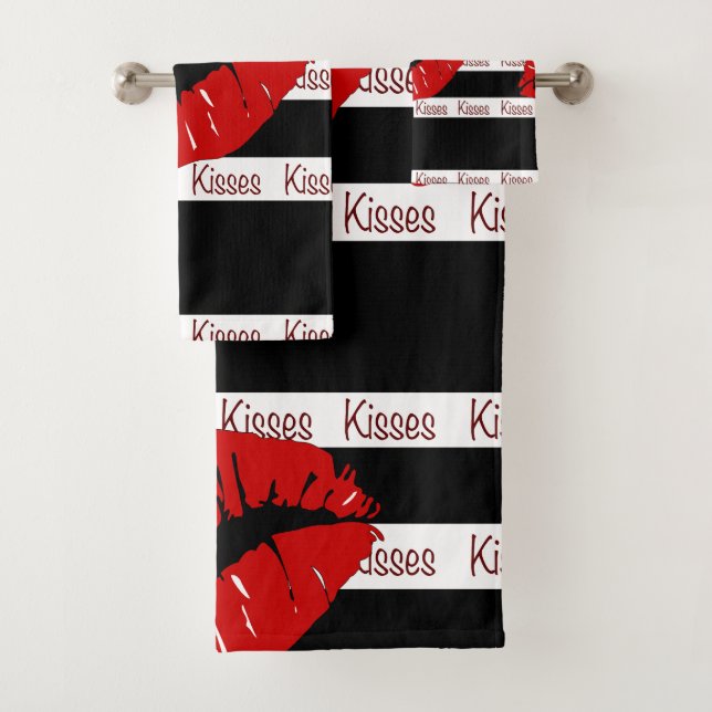 Red Lips Kisses Black Striped Bath Towel Set (Insitu)
