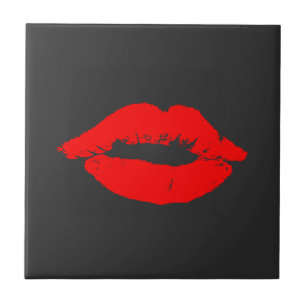 Red Lips Kisses Kiss Black Ceramic Tile