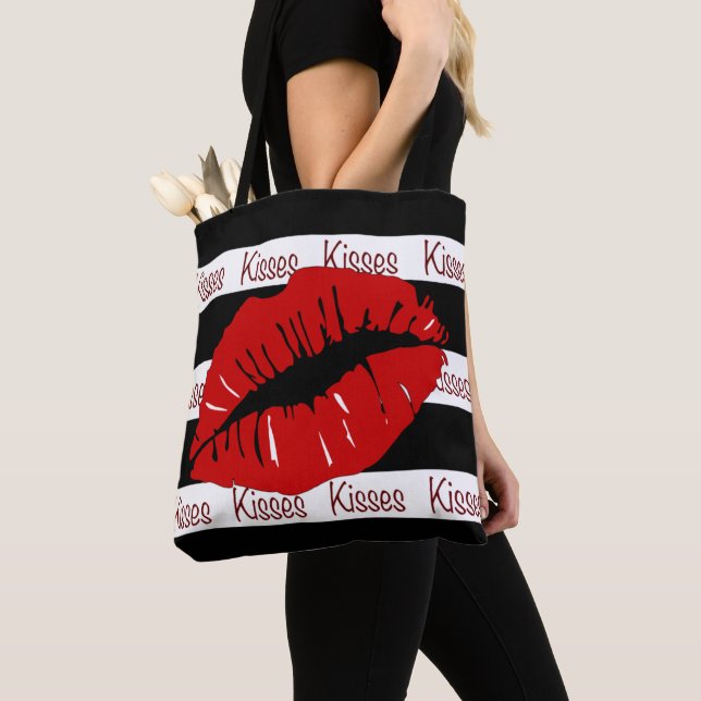 Red Lips Kisses Striped All Over Tote Bag (Close Up)