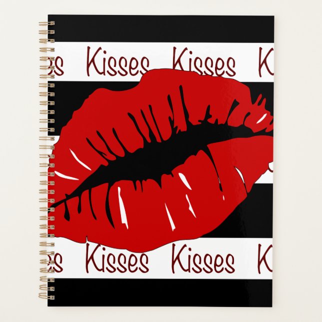 Red Lips Kisses Striped Day Planner Calendar (Front)
