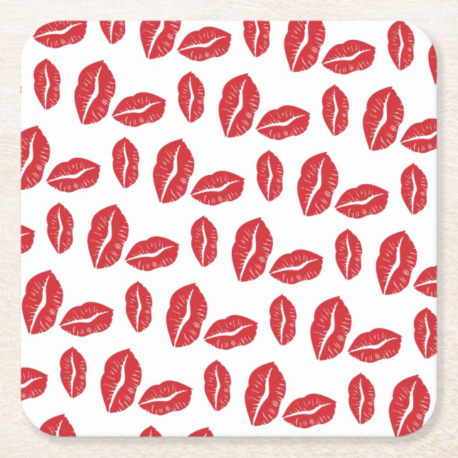 Red Lips Lipstick Love Passion Kiss Kisses Square Paper Coaster (Front)