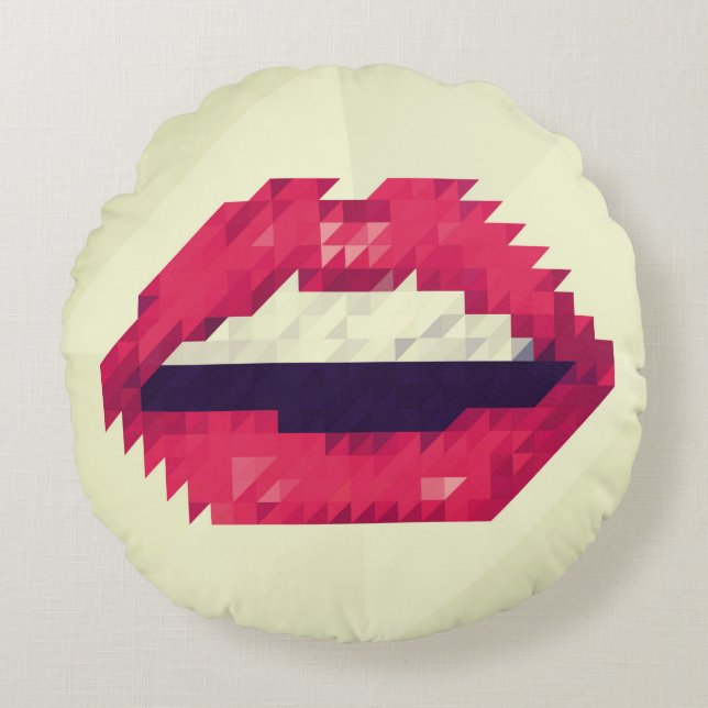 Red lips made of small triangles, pixelshipster,pi round cushion (Front)