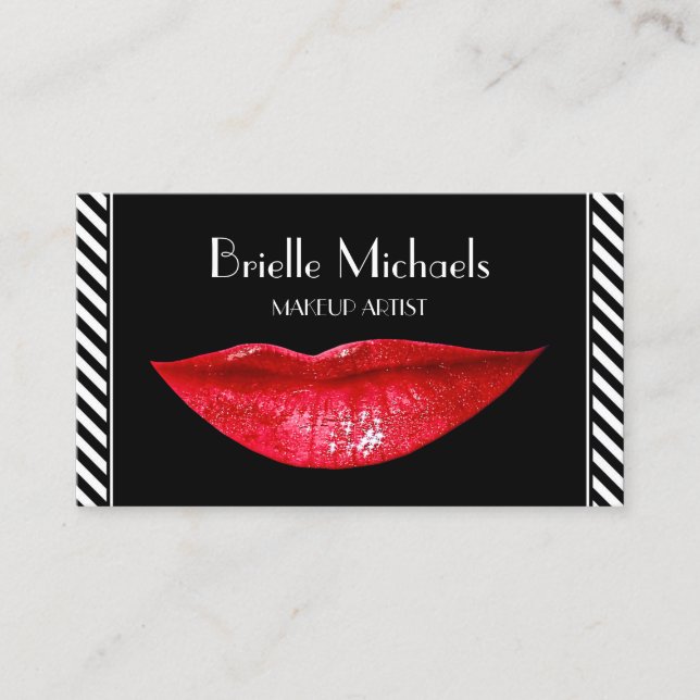 Red Lips Makeup Artist Glitter Lipstick on Black Business Card (Front)