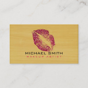 Red Lips Makeup Artist Modern Wood #2 Business Card