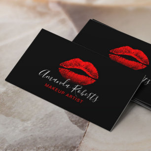 Red Lips Makeup Artist Plain Black Business Card