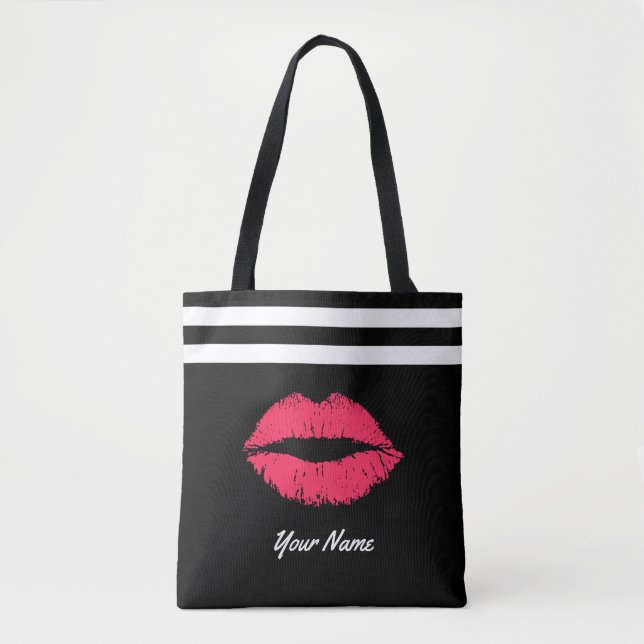 Red Lips Modern Stripes Custom Name Tote Bag (Front)