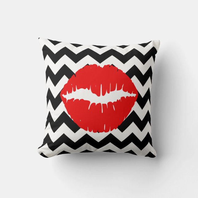 Red Lips on Black and White Zigzag Cushion (Front)