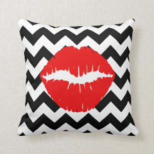 Red Lips on Black and White Zigzag Cushion