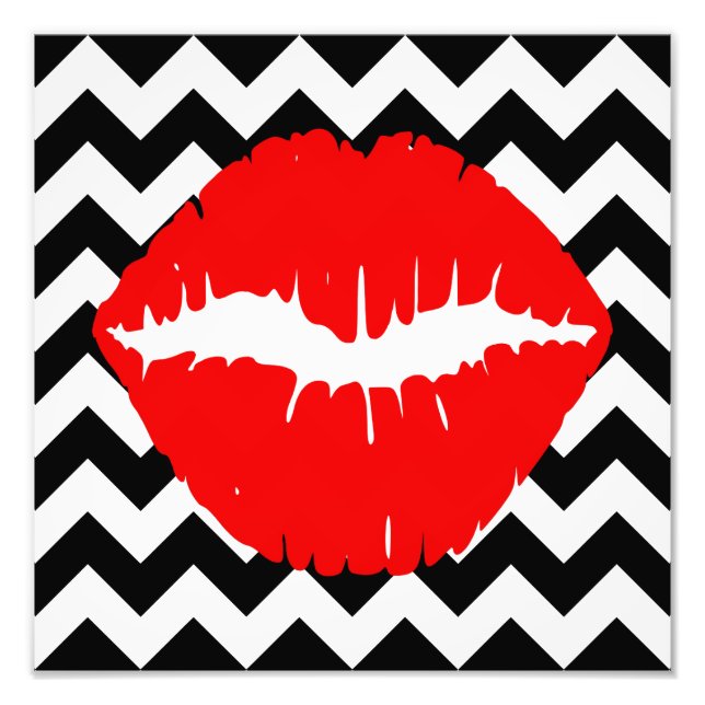 Red Lips on Black and White Zigzag Photo Print (Front)