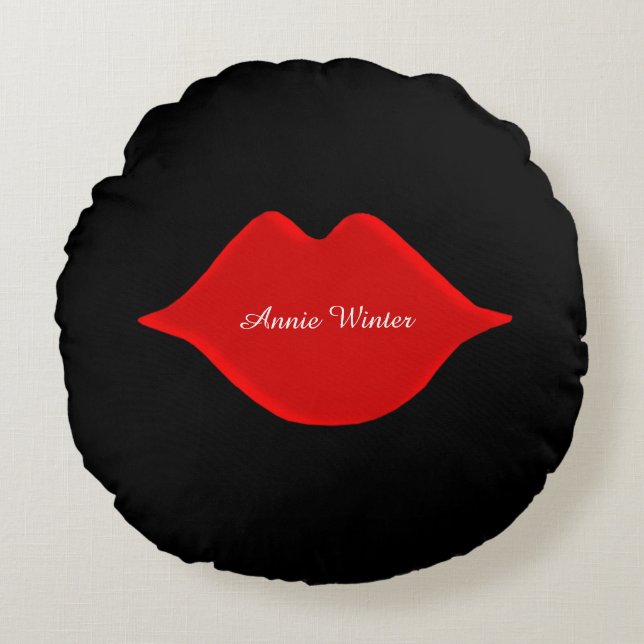red lips on black round cushion (Front)