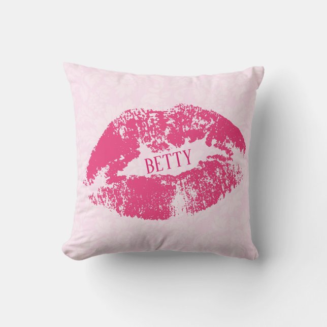Red Lips Over Light Pink Floral Damask Pattern Cushion (Front)