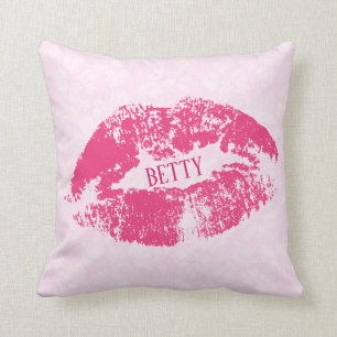 Red Lips Over Light Pink Floral Damask Pattern Cushion