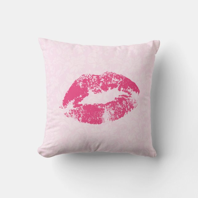 Red Lips Over Light Pink Floral Damask Pattern Cushion (Front)