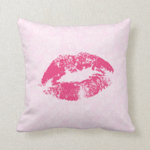 Red Lips Over Light Pink Floral Damask Pattern Cushion