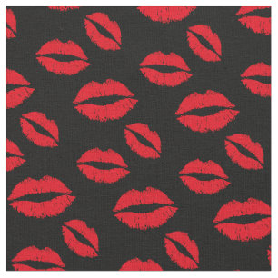 Red Lips Pattern Modern Black Fabric