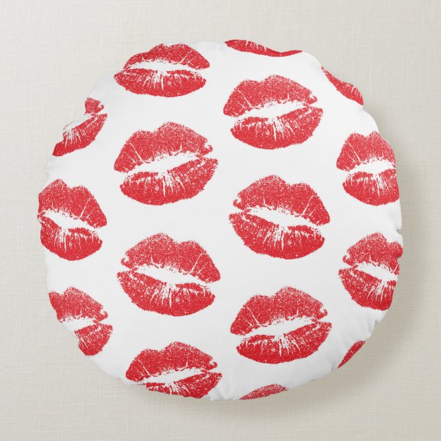 Red Lips, Pattern Of Lips, Red Lipstick, Kiss Round Cushion (Front)