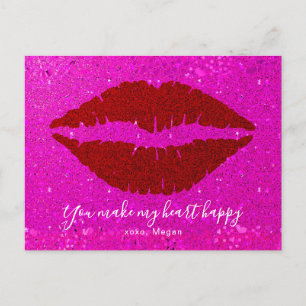 Red Lips Pink Glitter Valentine Make Heart Happy  Holiday Postcard