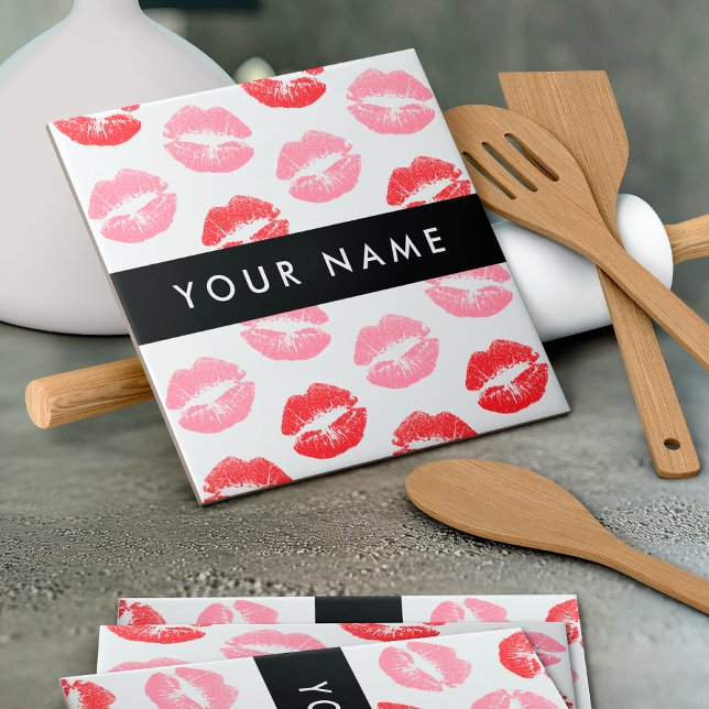 Red Lips, Pink Lips, Kiss, Your Name, Personalise Ceramic Tile (Creator Uploaded)