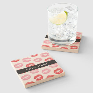 Red Lips, Pink Lips, Kiss, Your Name, Personalise Stone Coaster