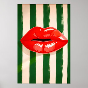 Red Lips Pop Art Poster, Bold Striped Print