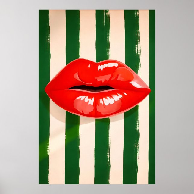 Red Lips Pop Art Poster, Bold Striped Print (Front)