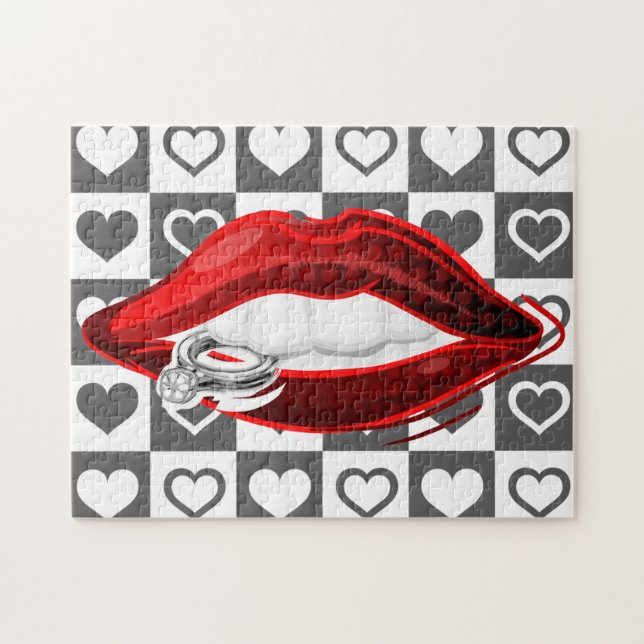 Red Lips Puzzle Ring - Hearts (Horizontal)