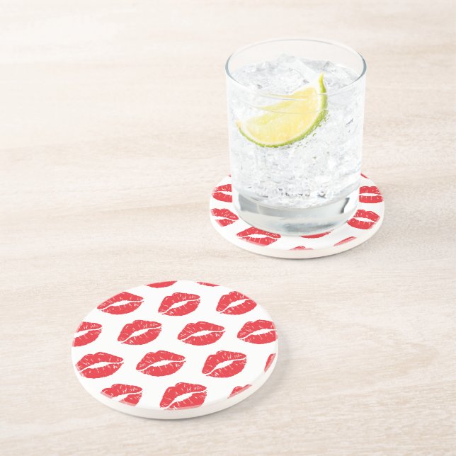 Red Lips, Red Lipstick, Kiss, Pattern Of Lips Coaster (Side)