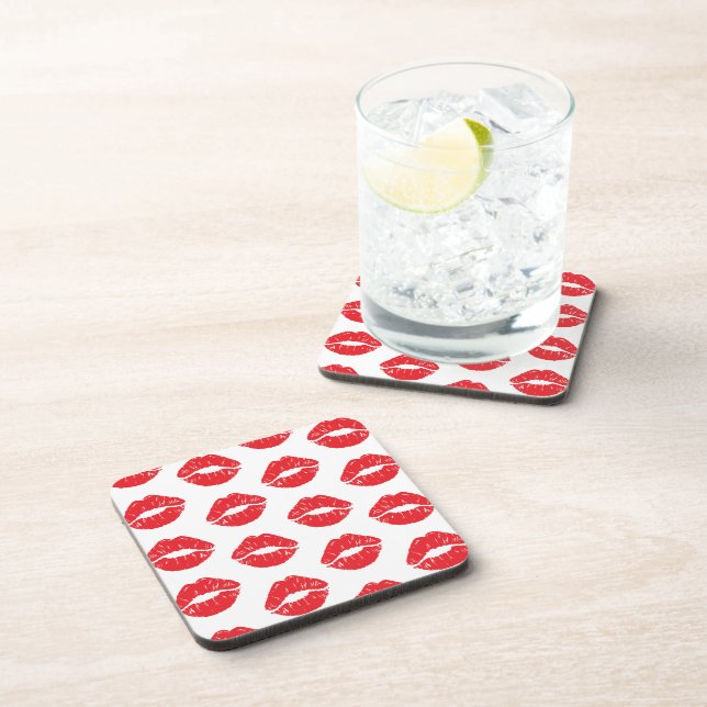 Red Lips, Red Lipstick, Kiss, Pattern Of Lips Coaster (Right Side)
