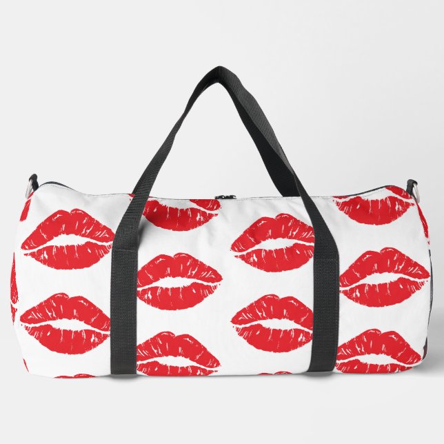 Red Lips, Red Lipstick, Kiss, Pattern Of Lips Duffle Bag (Front)