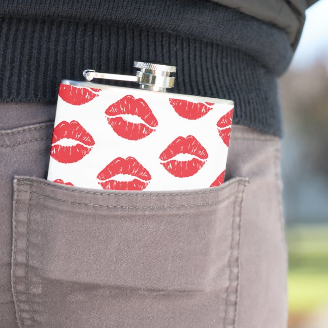 Red Lips, Red Lipstick, Kiss, Pattern Of Lips Hip Flask (In Situ)
