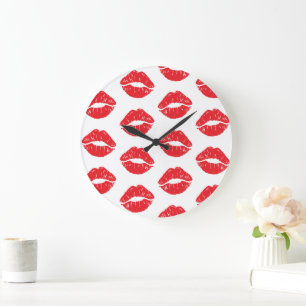 Red Lips, Red Lipstick, Kiss, Pattern Of Lips Large Clock